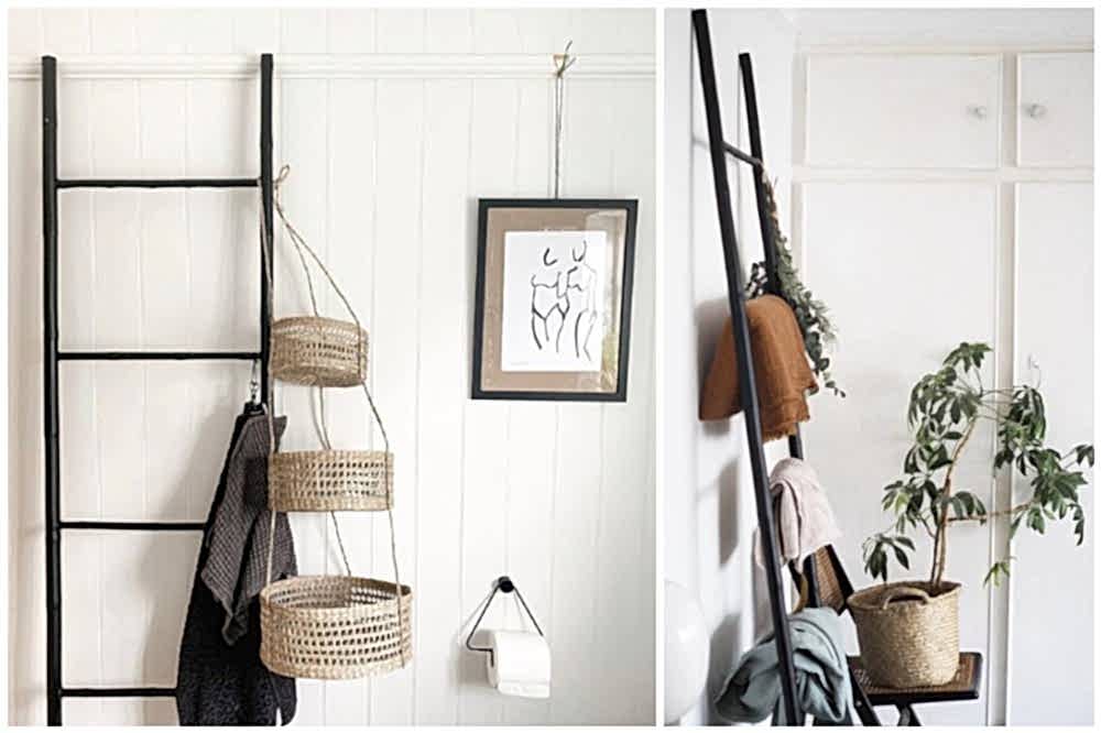 Bamboo ladder with plants and baskets