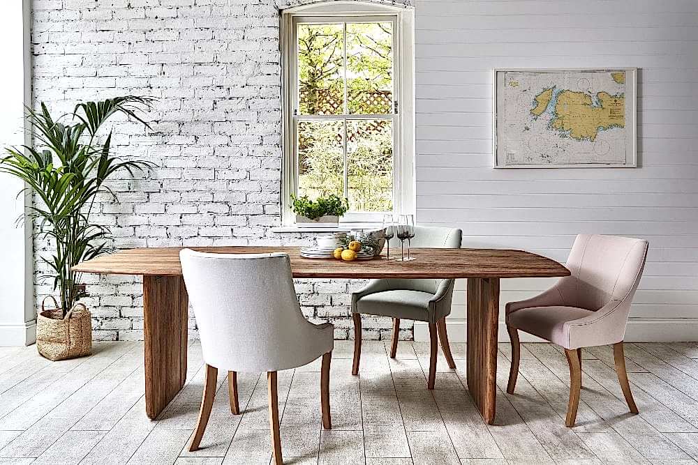 how to add colour to your home Neve dining table with pastel chairs